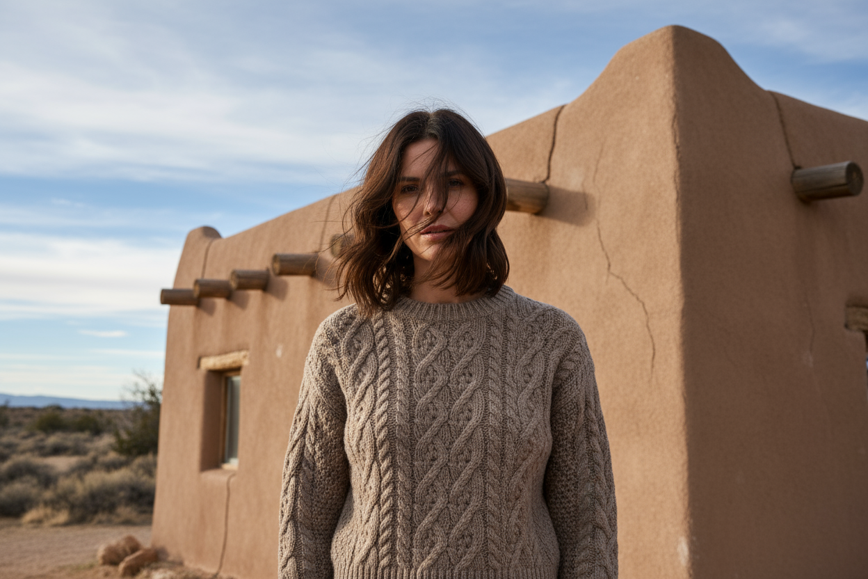 generate image of brunette 35 year old model waist up wearing a crew neck wool cable knit natural taupe sweater wind blowing standing in front of a new mexico style adobe hut